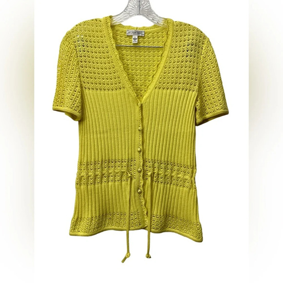 St John Sport Wool Blend Knit Short Sleeve Yellow Cardigan Tie Waist Size Small - Picture 1 of 6